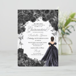 Elegant Black and Silver Blommigt Quinceanera Inbjudningar
