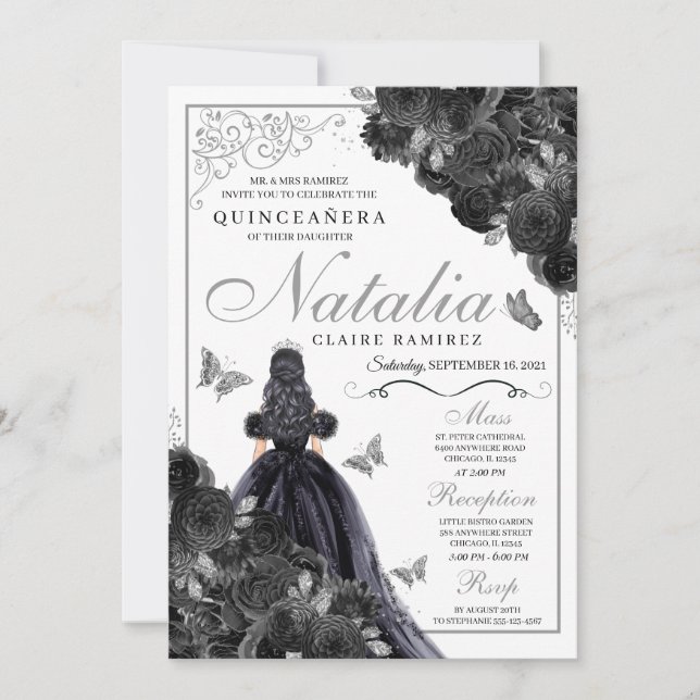 Elegant Black and Silver Blommigt Quinceanera Inbjudningar (Framsida)
