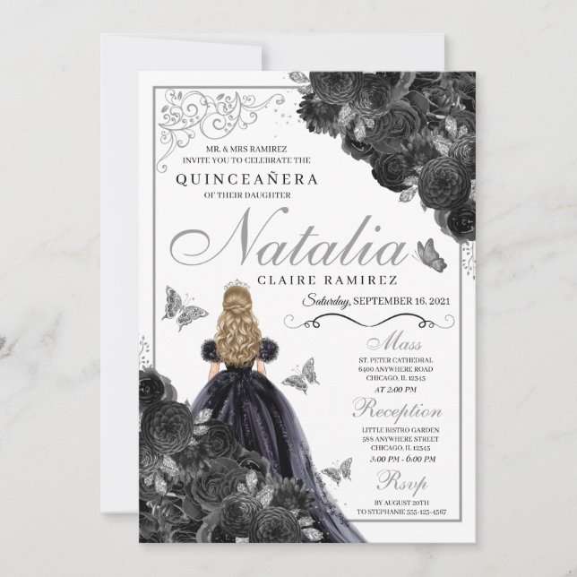 Elegant Black and Silver Blommigt Quinceanera Invi Inbjudningar (Framsida)