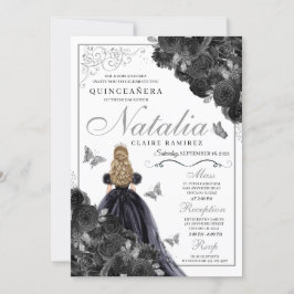 Elegant Black and Silver Blommigt Quinceanera Invi Inbjudningar