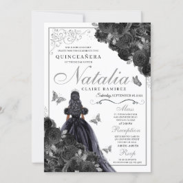 Elegant Black and Silver Blommigt Quinceanera Invi Inbjudningar