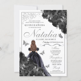 Elegant Black and Silver Blommigt Quinceanera Invi Inbjudningar