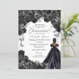 Elegant Black and Silver Blommigt Quinceanera Invi Inbjudningar