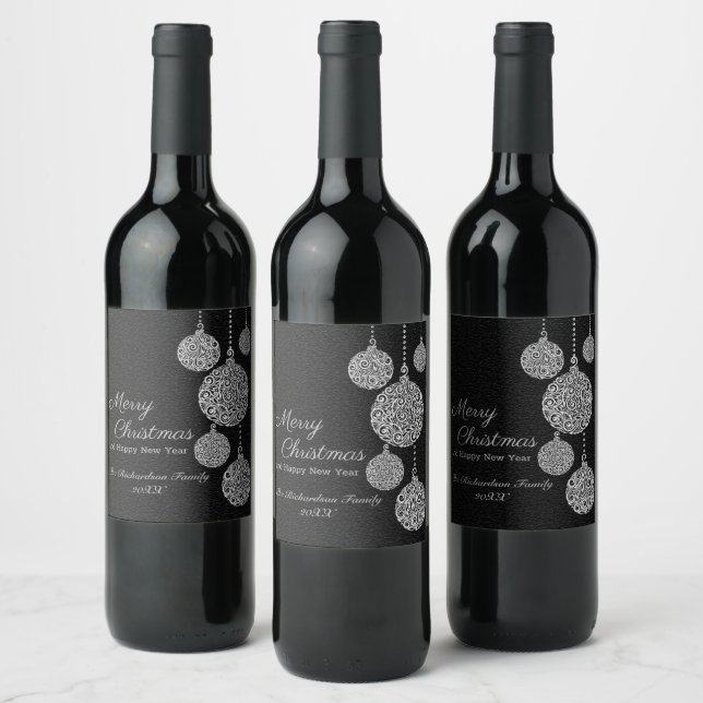 Elegant Black and Silver Christmas Design Vinflaska Etikett (Flaskor)