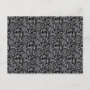 Elegant Black and Silver Damask Blommönster Vykort