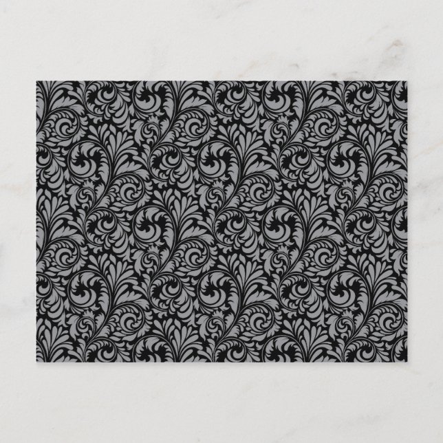 Elegant Black and Silver Damask Blommönster Vykort (Framsida)