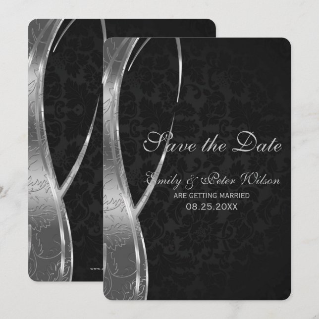 Elegant Black and Silver Damask-Save the Date Inbjudningar (Fram/baksida)