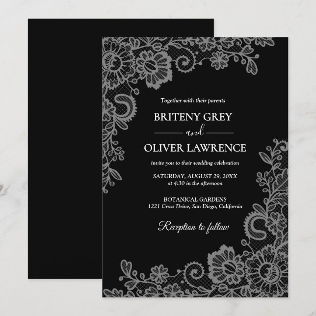 Elegant Black and Silver Floral Lace Wedding  Inbjudningar (Fram/baksida)