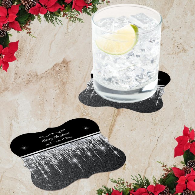 Elegant Black and Silver Sparkling Merry Christmas Underlägg Papper (Elegant sparkly silver and black fancy paper coasters)
