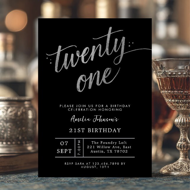 Elegant Black and Silver Twenty One 21st Birthday Inbjudningar (Twenty-one and dazzling ✨ Celebrate your milestone with this chic black and silver invite.)