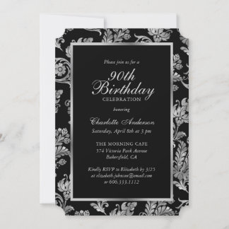 Elegant Black and Silver Vintage 90:e födelsedag Inbjudningar