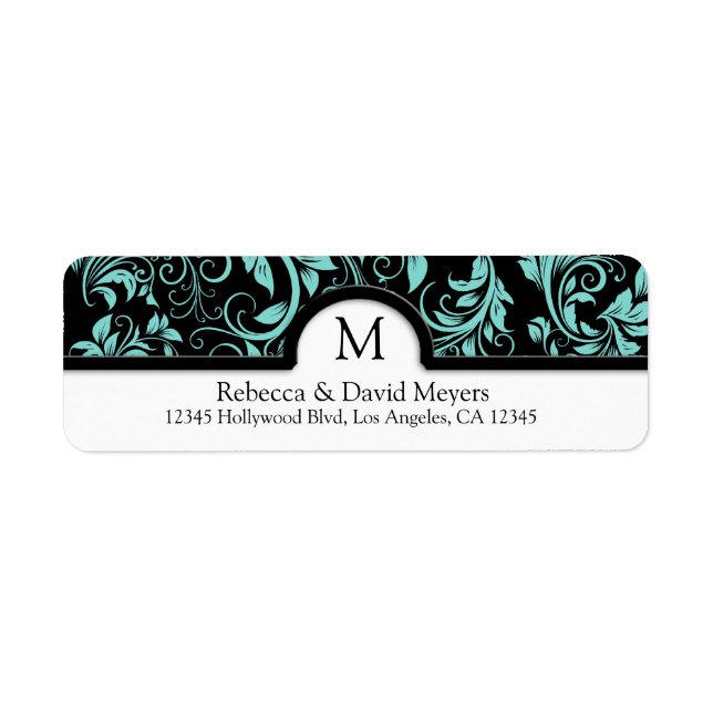 Elegant Black and Teal Blue med Monogram Returadress Etikett (Framsidan)