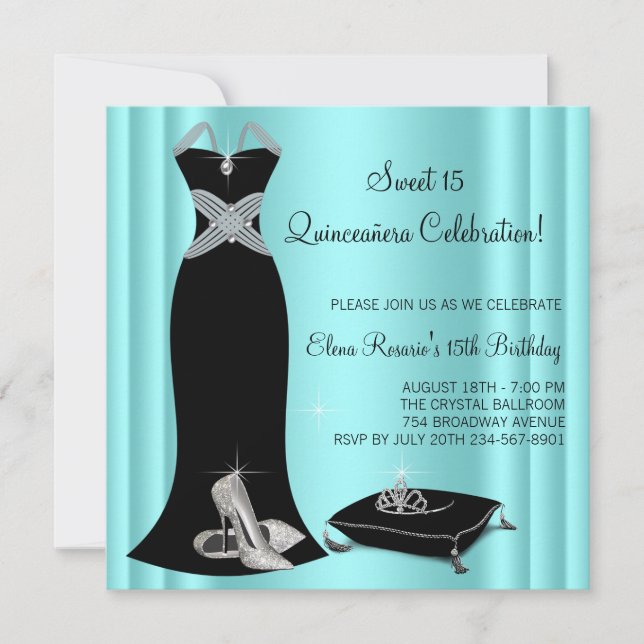 Elegant Black and Teal Blue Quinceanera Inbjudningar (Framsida)