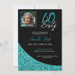 Elegant Black and Teal Glitter 60:e födelsedagen Inbjudningar