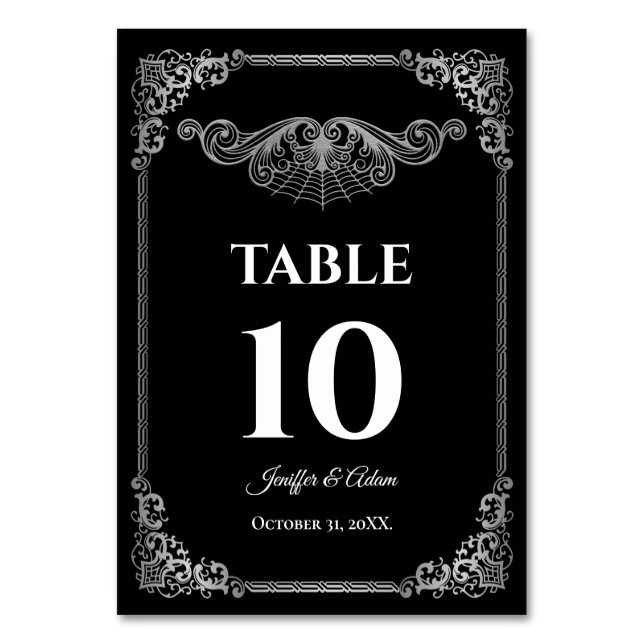 Elegant black and whit Gothic Wedding Table number Bordsnummer (Framsidan)