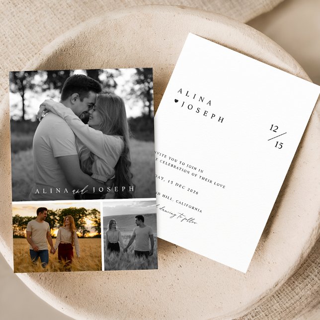 Elegant Black and White 3 Photo Collage Bröllop Inbjudningar (Skapare uppladdad)