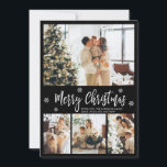 Elegant Black and White 4 Photo Collage jul Julkort<br><div class="desc">Elegant, Modern Black and White 4 Photo Collage God jul Script Helgdag Card. Den här sjutna, visuella, minimalistiska, (4) fyra fotokortsmallar har en söt fotokollage, en snöflake och säger God jul! Texten "God jul" hälsning är skriven med ett vackert, vitt, färg-handskrivet typsnitt på svart färg-bakgrund. På baksidan med hälsning-textmallen svart....</div>