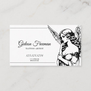 Elegant Black and White Angel Tattoo Artist Visitkort