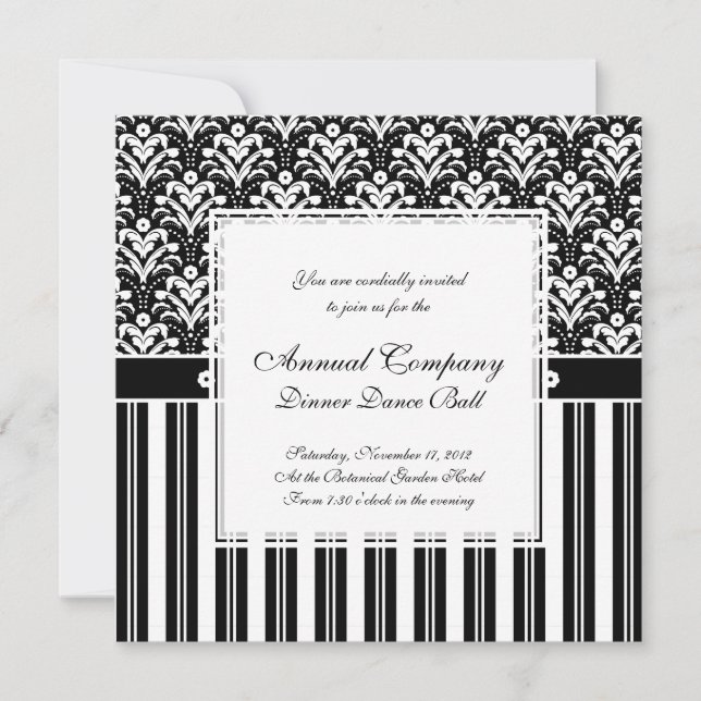 Elegant Black and White Art Deco Damask Rand Inbjudningar (Framsida)