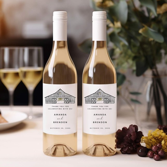 Elegant Black and White Barn Bröllop Vin Vinflaska Etikett (Skapare uppladdad)