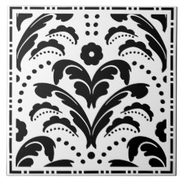 Elegant Black and White Blommigt Art Deco Damask Kakelplatta