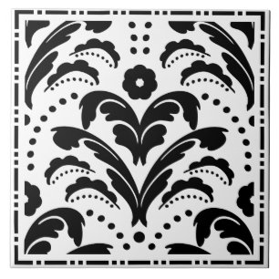 Elegant Black and White Blommigt Art Deco Damask Kakelplatta