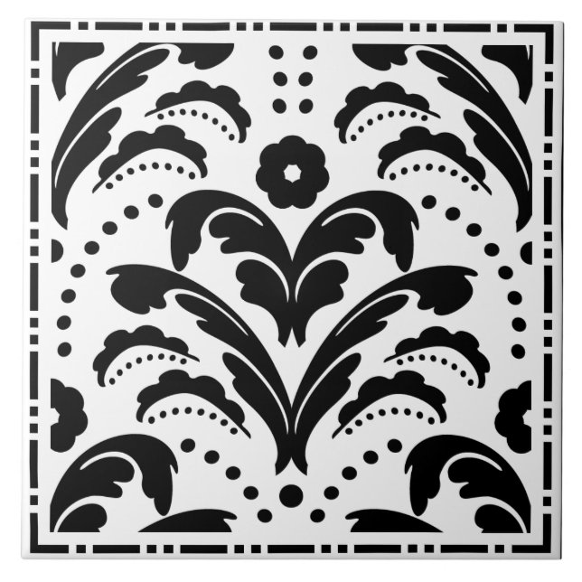 Elegant Black and White Blommigt Art Deco Damask Kakelplatta (Framsidan)