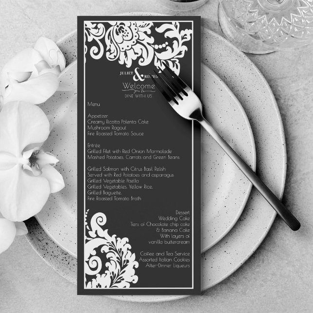 Elegant Black and White Blommigt Damask Wedding Me Meny (Elegant black and white floral damask wedding menu)