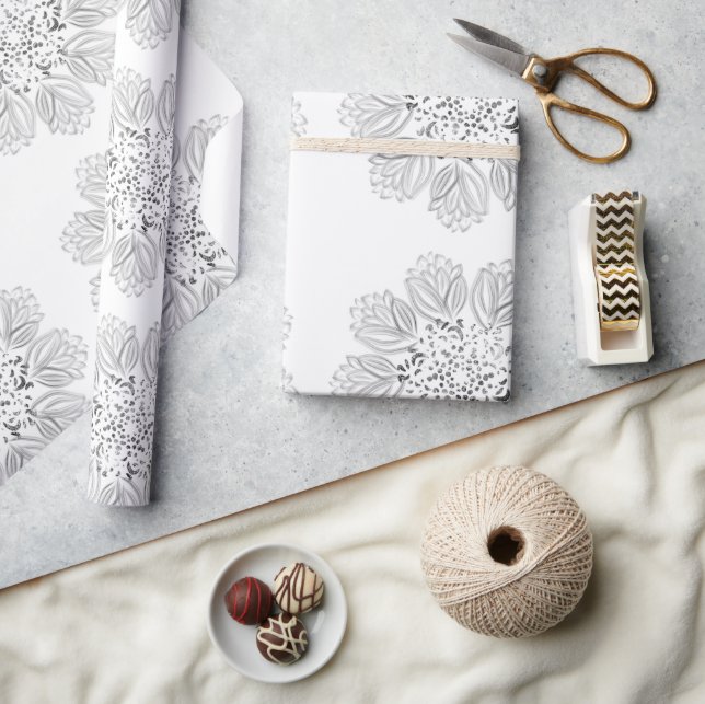 Elegant Black and White Blommigt Mandala Mönster Presentpapper (Hantverk)