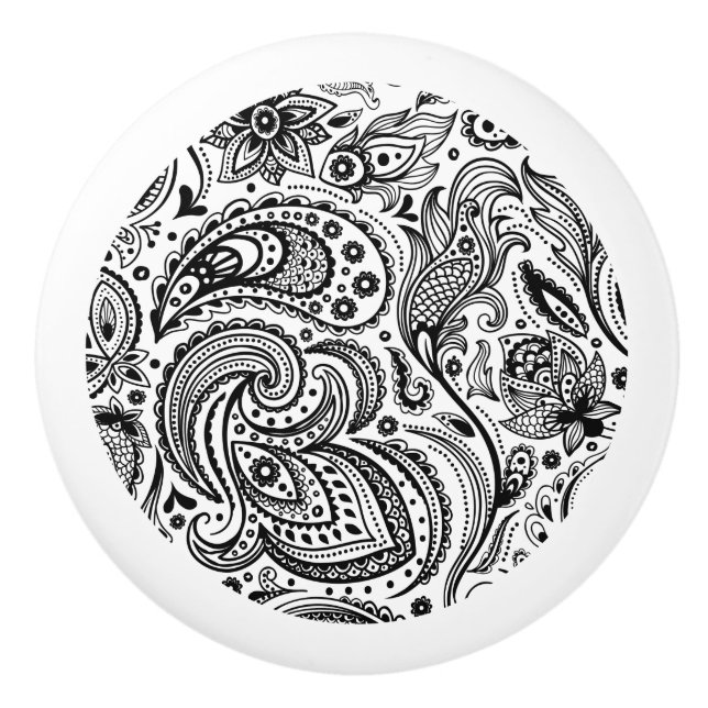 Elegant Black and White Blommigt Paisley 2a Knopp (Framsidan)