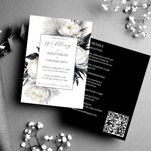 Elegant Black and white boho alla på en bröllop Inbjudningar (Elegant Black and white boho flower all in one wedding editable template Invitation digital download)