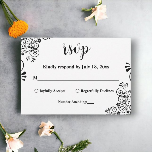 Elegant Black and White Boho Ornate Blommigt Bröll OSA Kort (Skapare uppladdad)