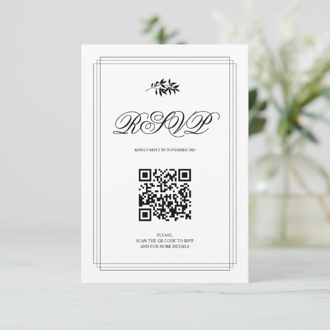 Elegant black and white branch and QR code wedding OSA Kort (Stående Fram)