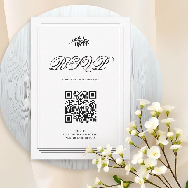 Elegant black and white branch and QR code wedding OSA Kort (Skapare uppladdad)