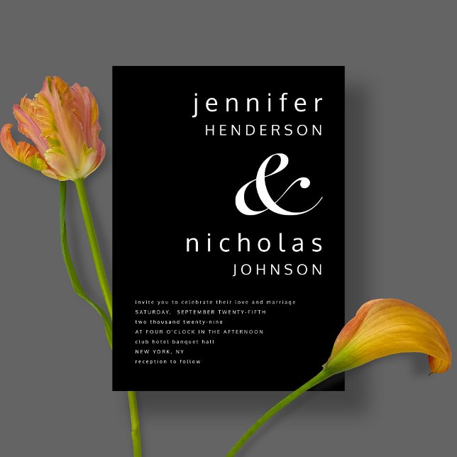 Elegant Black and White Bröllop Inbjudningar (Front / Black Ampersand Minimalist Typography Wedding Invitation)