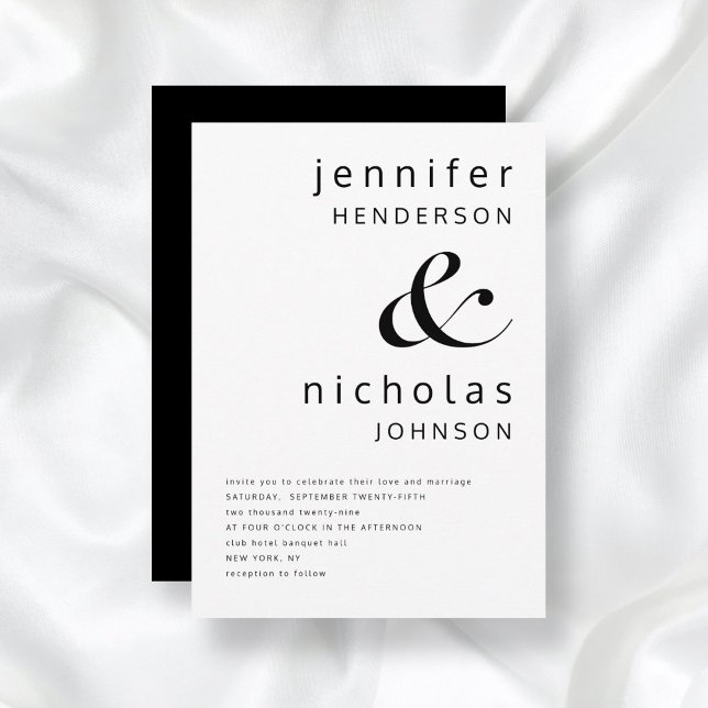Elegant Black and White Bröllop Inbjudningar (Front/Back Black & White Simple Minimalist Typography Wedding Invitation)