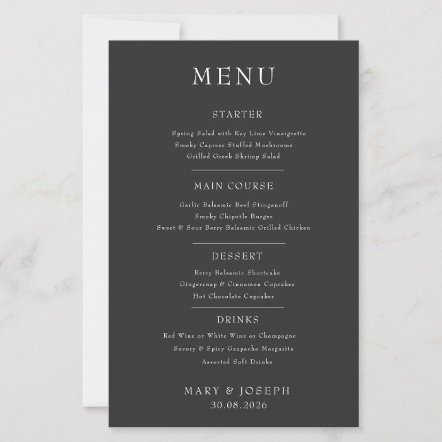 Elegant Black and White Bröllop Menu (Framsida)