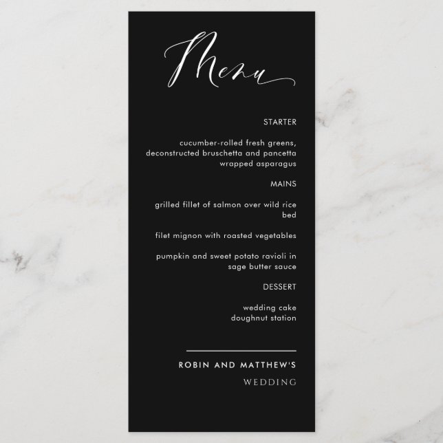 Elegant Black and White Calligraphy Bröllop Menu Meny (Framsida)