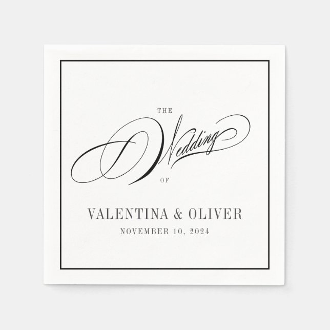 Elegant Black and White Calligraphy Bröllop Pappersservett (Framsidan)