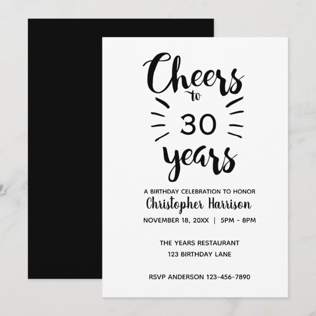 Elegant Black and White Cheers till 30 år Inbjudningar (Fram/baksida)