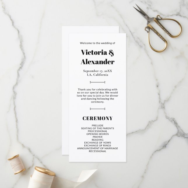 Elegant Black and White Classic Bröllop Program (Fram/Back In Situ)