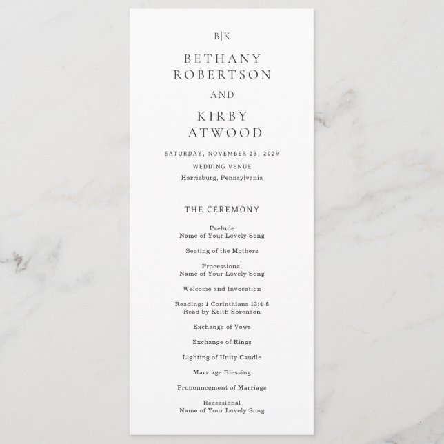Elegant Black and White Classic Wedding Program (Framsida)