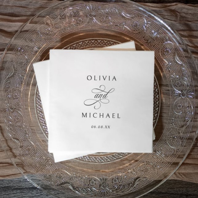 Elegant Black and White Classy Minimalist Wedding Pappersservett (Elegant black and white calligraphy wedding napkins - personalized with names and wedding date.)