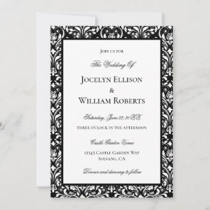 Elegant Black and White Damask bröllop Inbjudningar
