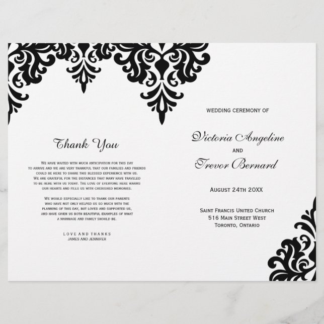Elegant Black and White Damask Wedding Program (Framsida)