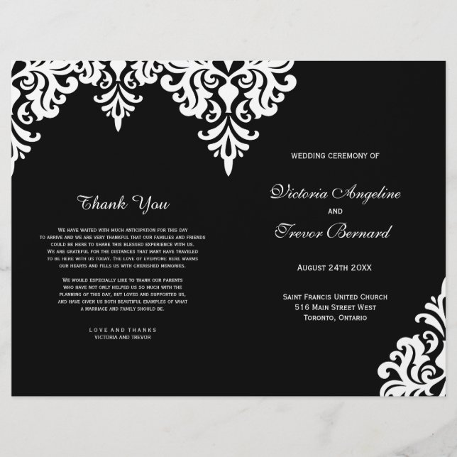 Elegant Black and White Damask Wedding Program (Framsida)