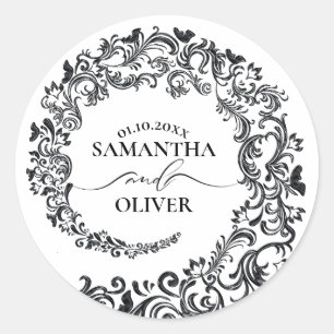 Elegant Black and White Damask Wedding Runt Klistermärke