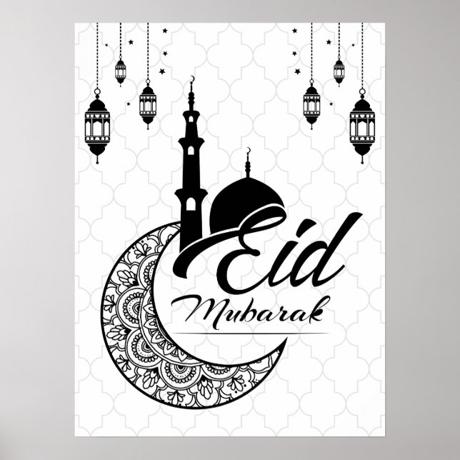 Elegant Black and White Eid Mubarak Hälsning Poster (Framsidan)