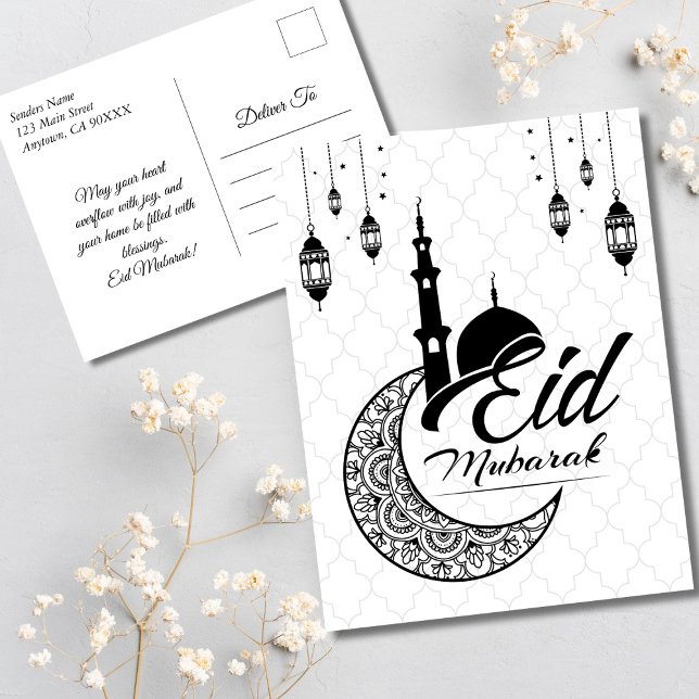 Elegant Black and White Eid Mubarak Hälsning Vykort (Elegant Black and White Eid Mubarak Greetings Postcard)