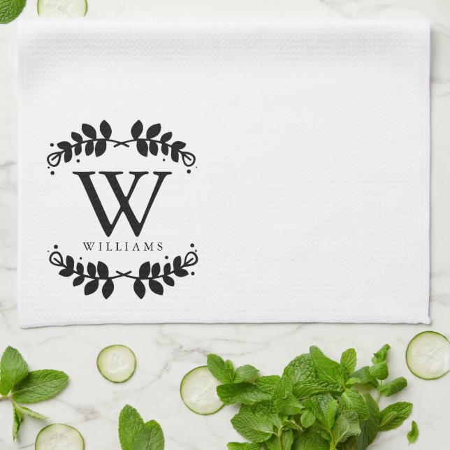 Elegant Black and White Family Monogram Kökshandduk (Vikta)